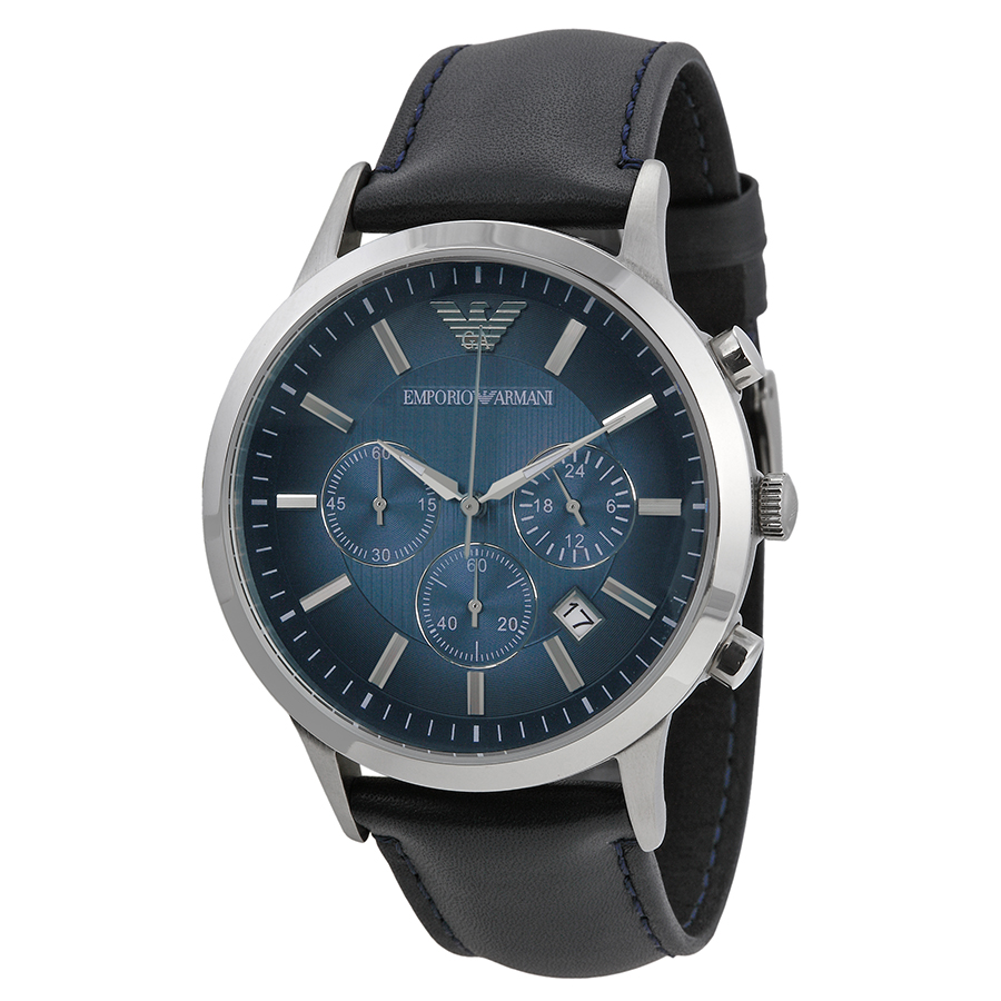 Emporio Armani Classic Chronograph Blue Dial Leather Strap Mens Watch AR2473