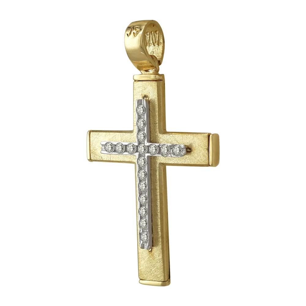 Σταυρός Βάπτισης Γυναικείος Σε Δίχρωμο Χρυσό 14 Καρατίων Με Πέτρες ST2394