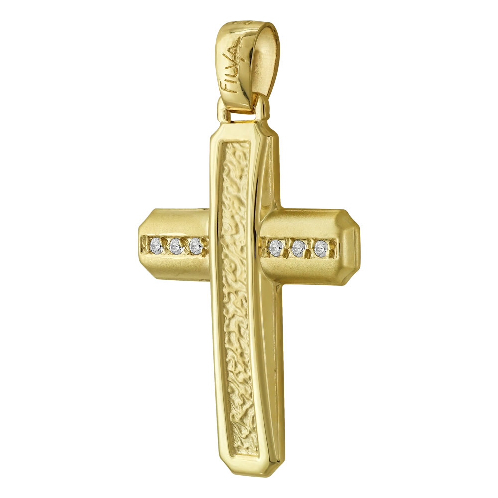 Σταυρός Βάπτισης Γυναικείος Διπλής Όψεως Σε Κίτρινο Χρυσό 14 Καρατίων Με Πέτρες ST2431