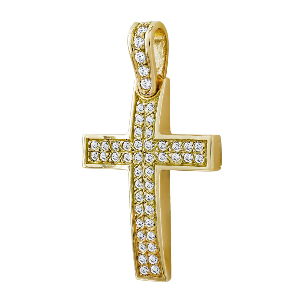 Σταυρός Βάπτισης Γυναικείος Σε Κίτρινο Χρυσό 14 Καρατίων Mε Πέτρες ST93978