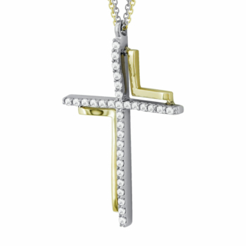 Σταυρός Βάπτισης Γυναικείος Με Διπλή Αλυσίδα Σε Δίχρωμο Χρυσό 14 Καρατίων ST2566