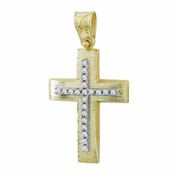 Σταυρός Βάπτισης Γυναικείος Σε Δίχρωμο Χρυσό Κ14 Με Πέτρες ST2717