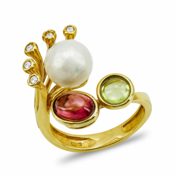 Χειροποίητο Δαχτυλίδι με Χρωματιστές Πέτρες με Μαργαριτάρι από Κίτρινο Χρυσό K18 DX1070