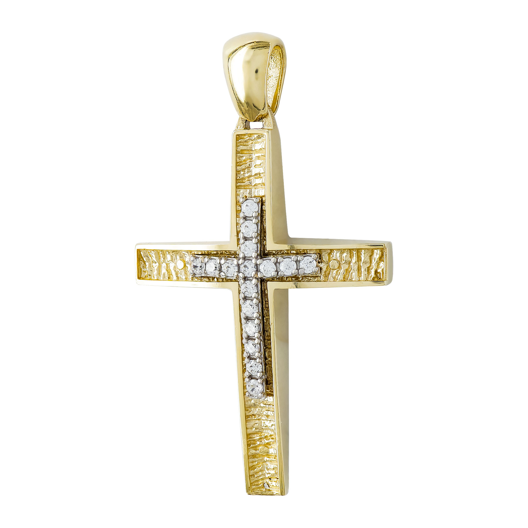 Σταυρός Βάπτισης Γυναικείος Διπλής Όψεως σε Κίτρινο Χρυσό 14 Καρατίων με Πέτρες ST3245