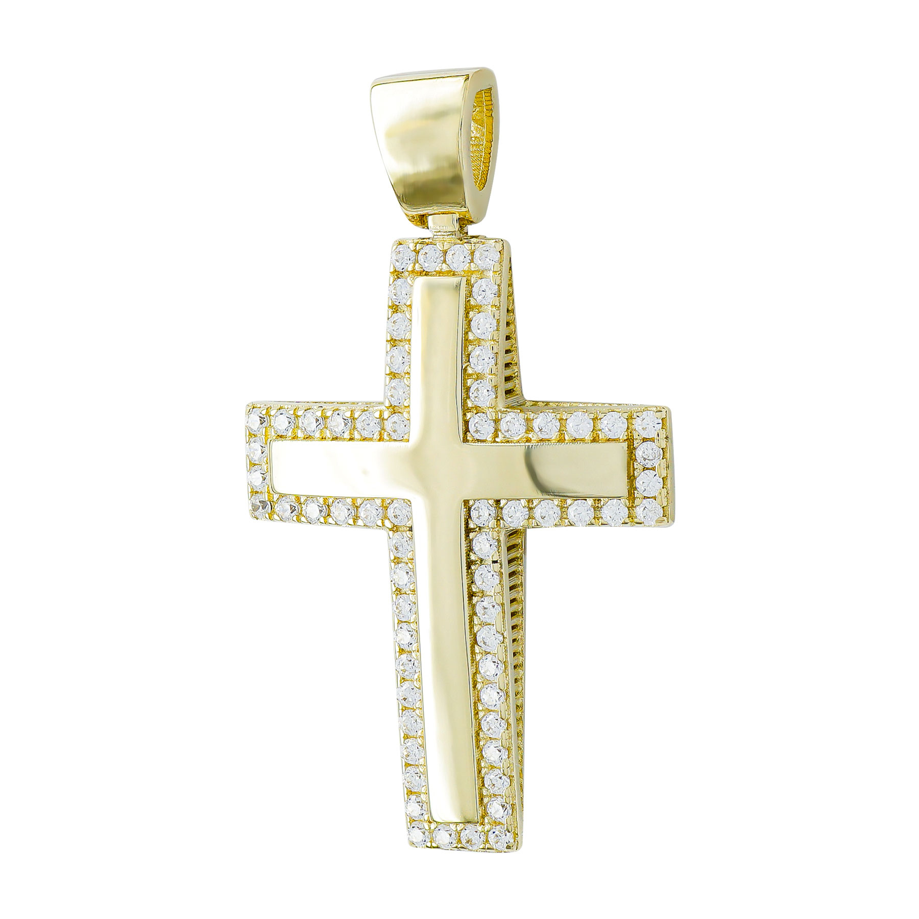 Σταυρός Βάπτισης Γυναικείος Διπλής Όψεως σε Κίτρινο Χρυσό 14 Καρατίων με Πέτρες ST3246