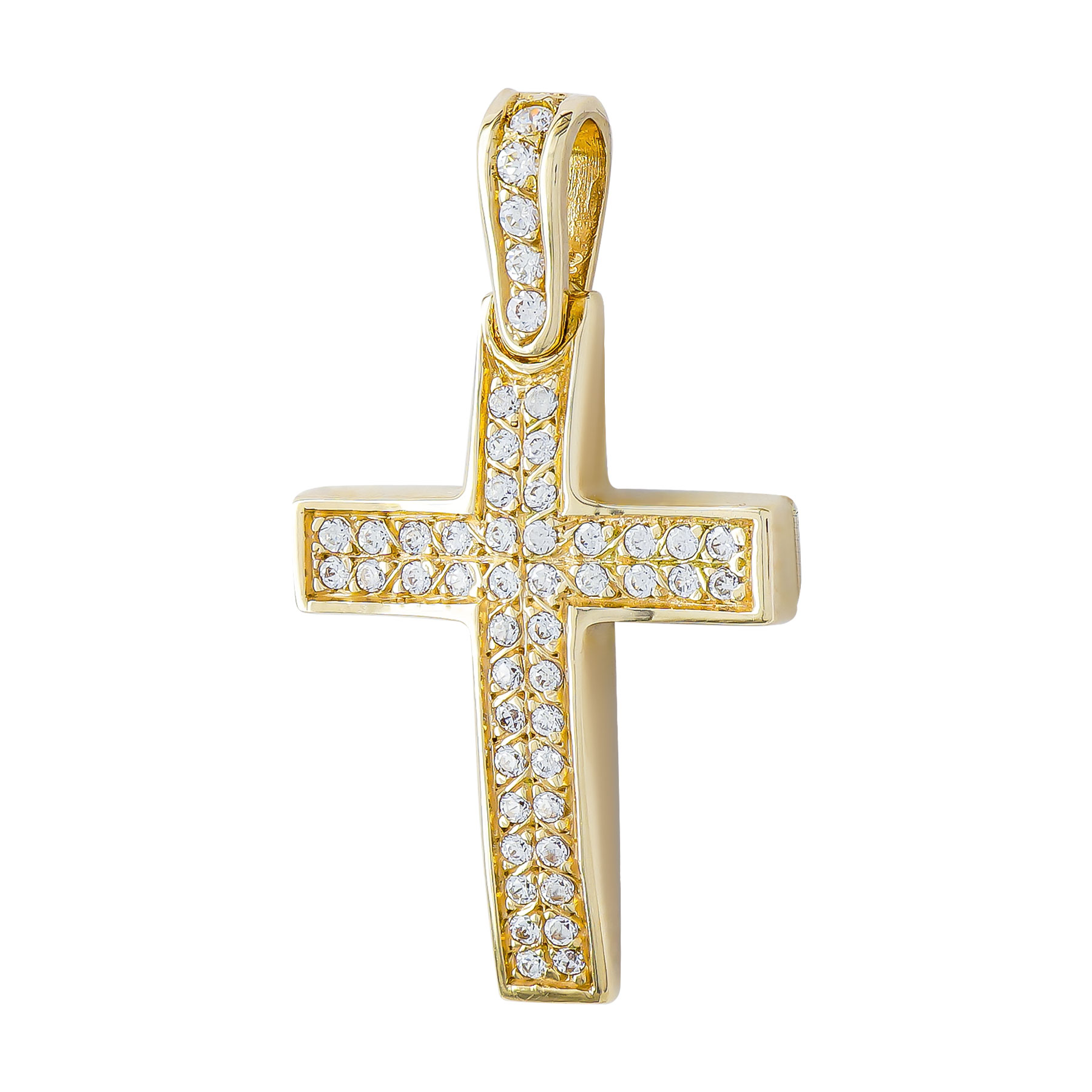 Σταυρός Βάπτισης Γυναικείος Διπλής Όψεως σε Κίτρινο Χρυσό 14 Καρατίων με Πέτρες ST3249